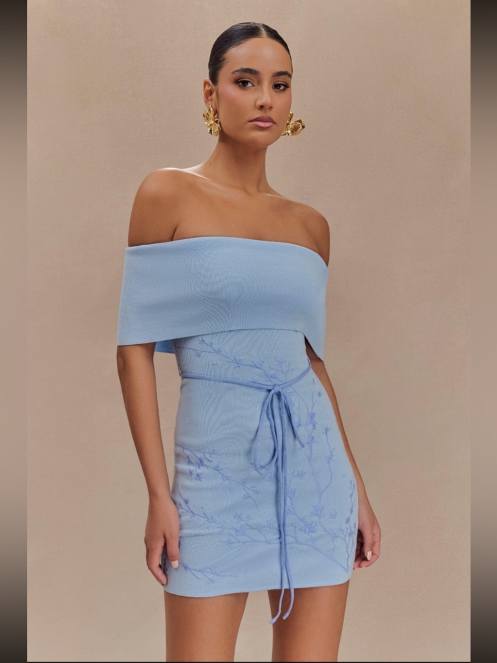 Meshki Mallory Off Shoulder Mini Dress Ice Blue Size S
